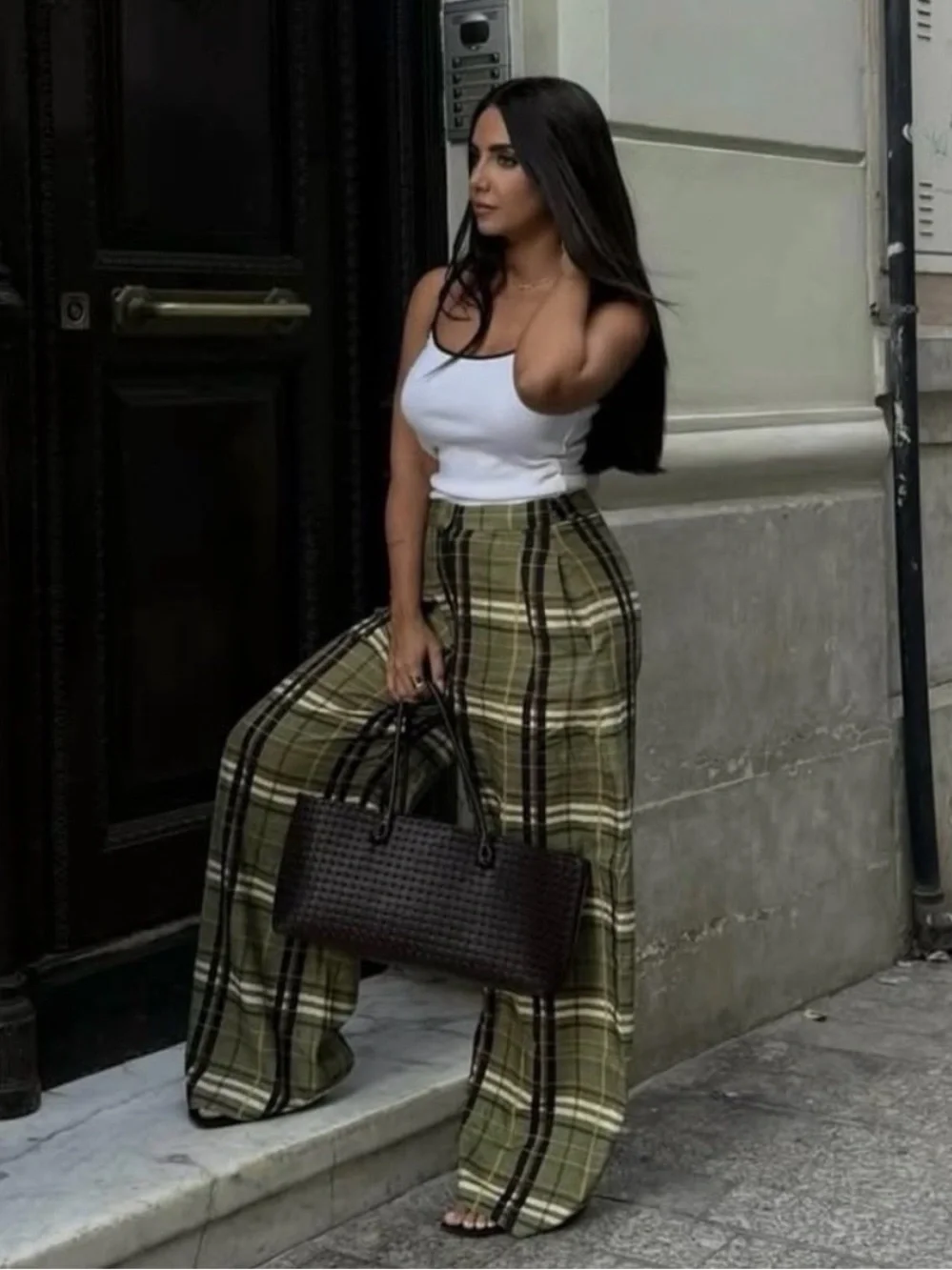 ZARA Blogger Favorite Green Linen Plaid Pants Trousers Academia Small